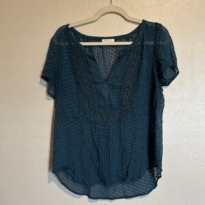 Anthropologie Meadow Rue Blue Blouse with V-Neck and Short Sleeves size medium